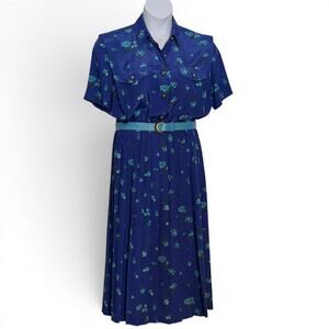 Vintage Leslie Fay Blue Floral Midi Dress Belted Pleated Shirtwaist Secretary 12